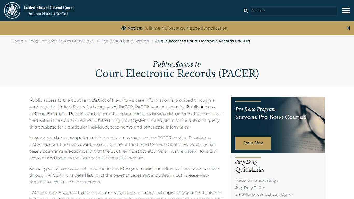 Public Access to Court Electronic Records (PACER) | U.S District Court